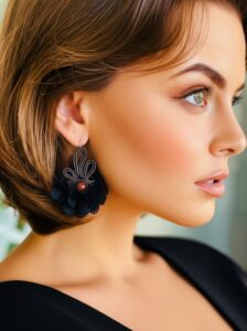 Juodi soutache stiliaus auskarai.